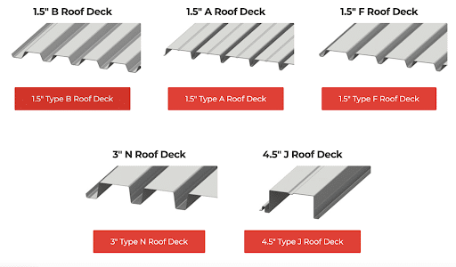 An image of five different metal roof deck products with labels.